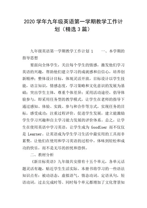 2020学年九年级英语第一学期教学工作计划(精选3篇)