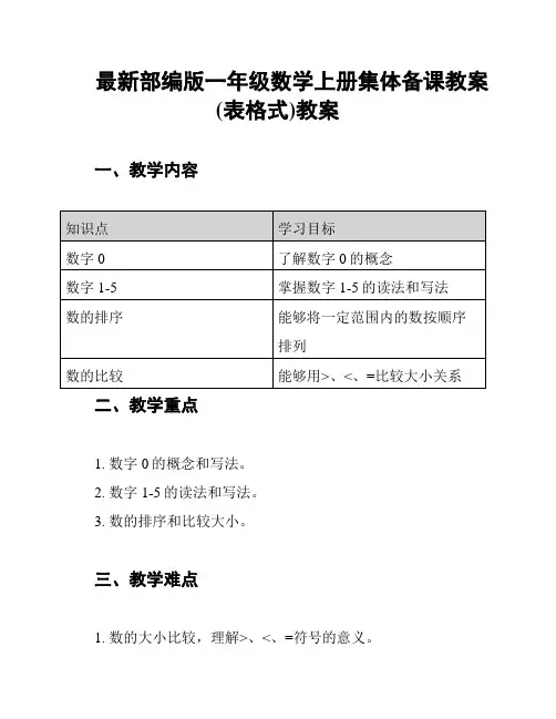最新部编版一年级数学上册集体备课教案(表格式)教案