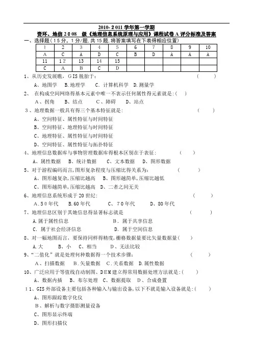 地理信息系统原理及应用试卷1评分标准及答案