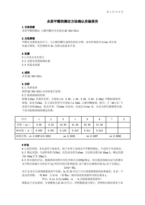 水质甲醛测定方法确认实验报告