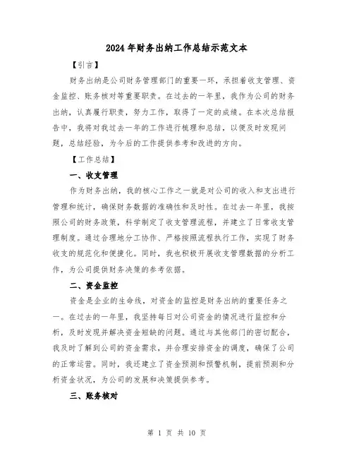 2024年财务出纳工作总结示范文本（四篇）