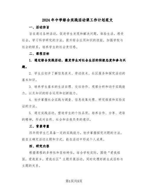 2024年中学综合实践活动课工作计划范文（二篇）