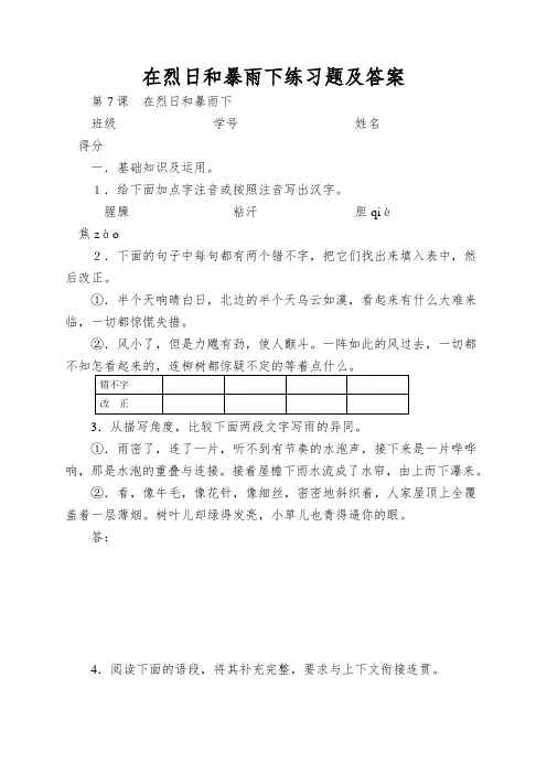 在烈日和暴雨下练习题及答案