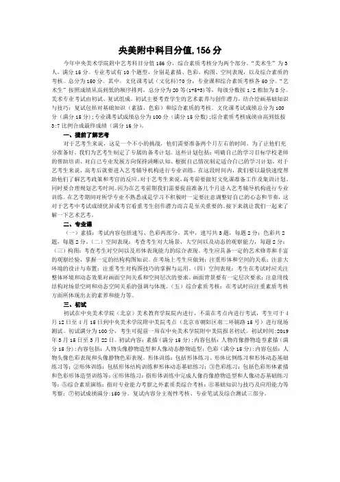 央美附中科目分值,156分