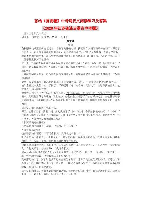 张洁《拣麦穗》中考现代文阅读练习及答案(2020年江苏省连云港市中考题)