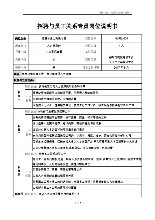 岗位说明书--招聘与员工关系专员