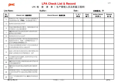 LPA检查表(生产管理人员及质量工程师适用)