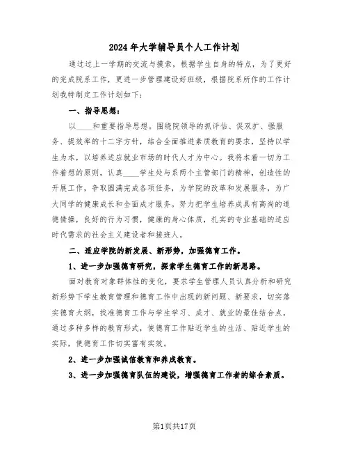 2024年大学辅导员个人工作计划(4篇)