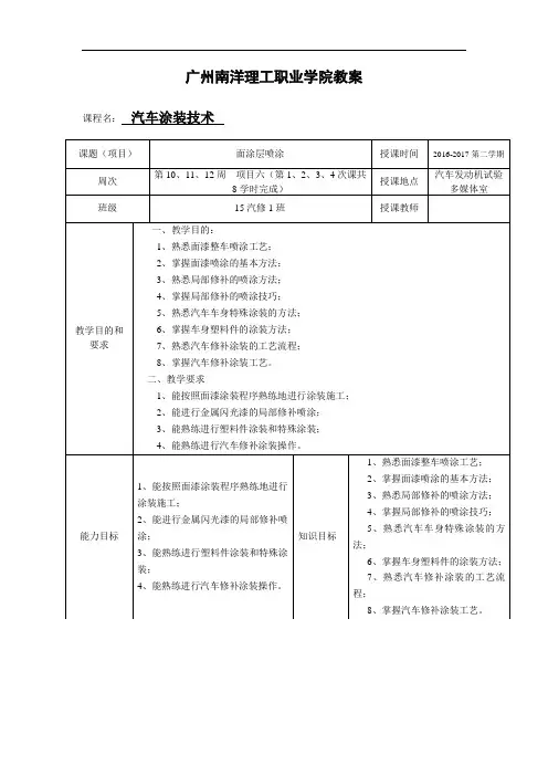 汽车涂装技术课程项目六 面涂层喷涂(4课共8学时完成)