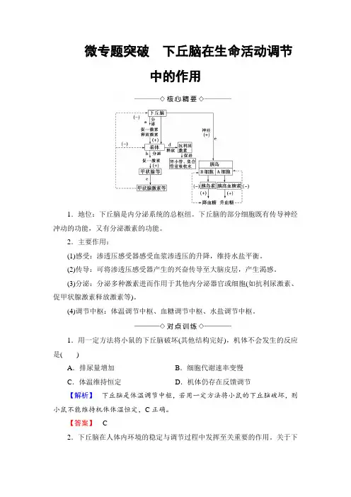 【高中生物】高中生物(人教版)必修3同步教师用书：第2章 微专题突破 下丘脑在生命活动调节中的作用