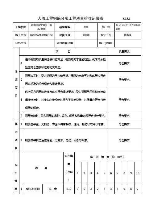 人防工程土建质量验收记录表