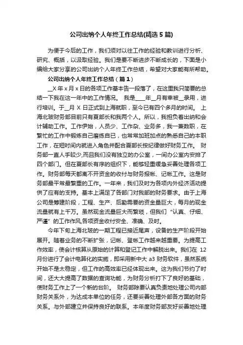 公司出纳个人年终工作总结（精选5篇）