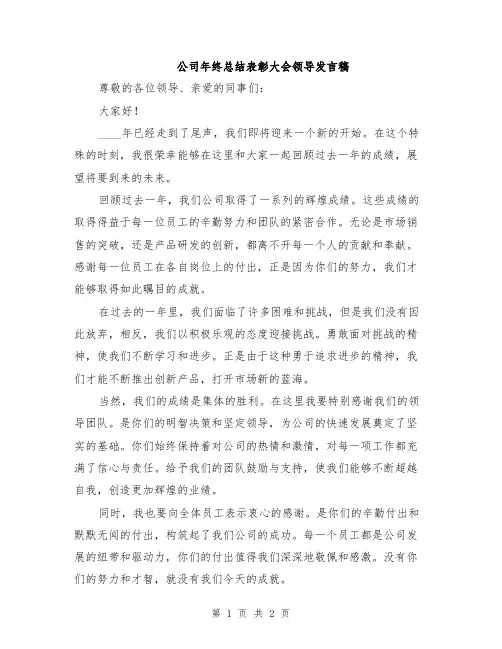 公司年终总结表彰大会领导发言稿