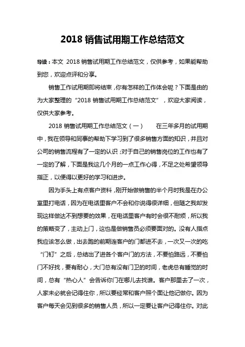 2018销售试用期工作总结范文