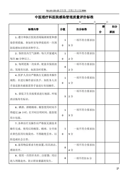 中医科医院感染管理质量评价标准