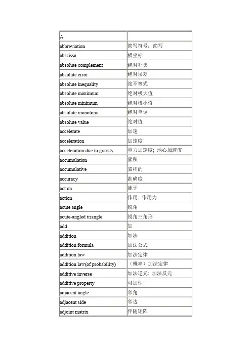 数学专用名词专业大集合中英对照表