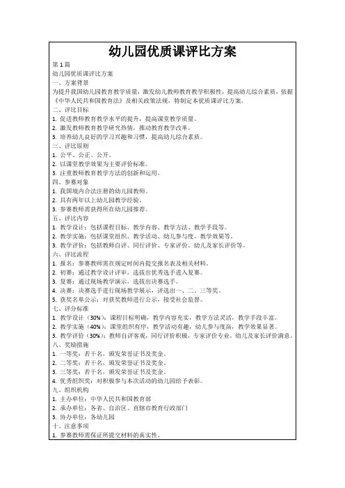 幼儿园优质课评比方案