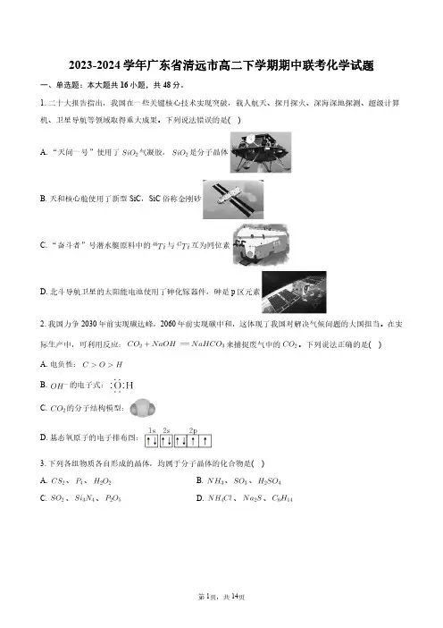 2023-2024学年广东省清远市高二下学期期中联考化学试题+答案解析