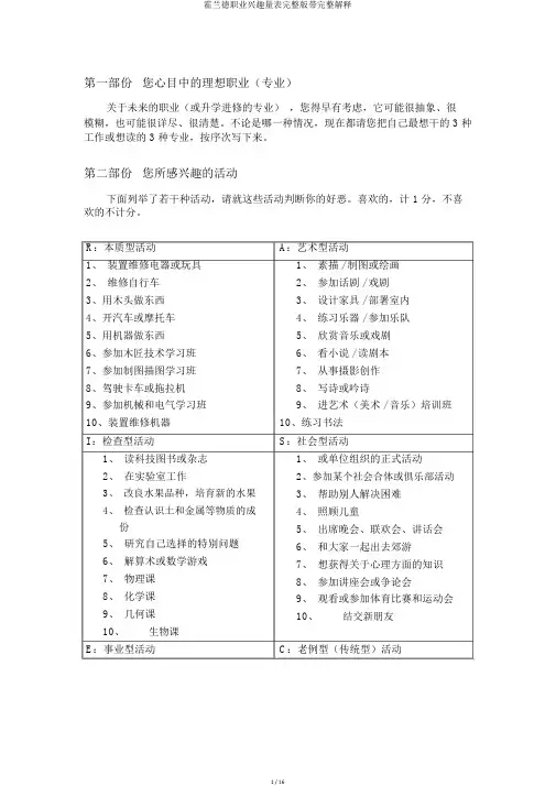 霍兰德职业兴趣量表完整版带完整解释