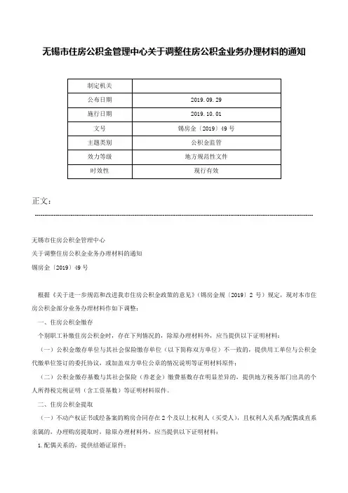 无锡市住房公积金管理中心关于调整住房公积金业务办理材料的通知-锡房金〔2019〕49号