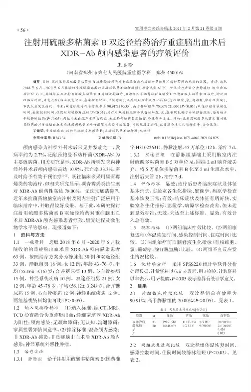 注射用硫酸多粘菌素B双途径给药治疗重症脑出血术后XDR-Ab颅内感染患者的疗效评价