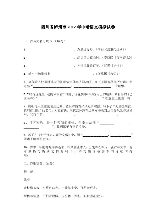 四川省泸州市2012年中考语文模拟试卷(附参考答案)