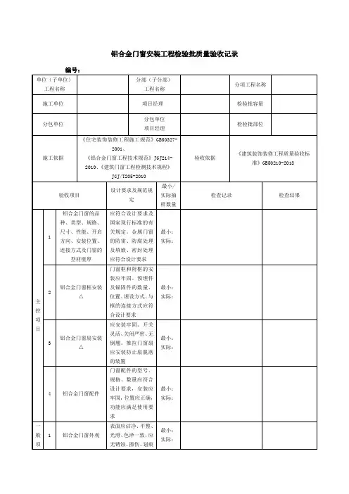 铝合金门窗安装工程检验批质量验收记录
