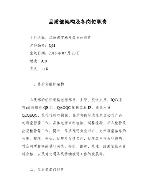 品质部架构及各岗位职责