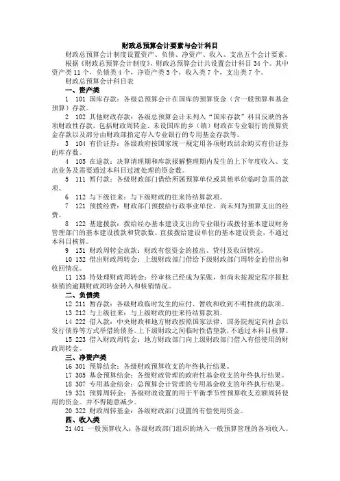 财政总预算会计要素与会计科目