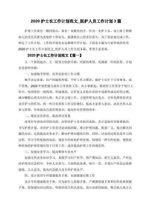 2020护士长工作计划范文_医护人员工作计划3篇