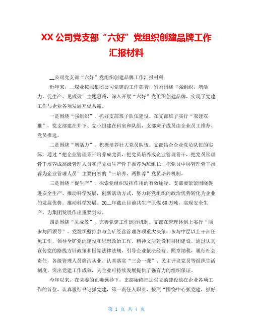 XX公司党支部“六好”党组织创建品牌工作汇报材料