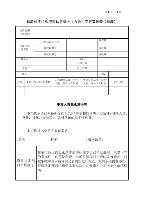 检验检测机构资质认定标准(方法)变更审批表(样表)