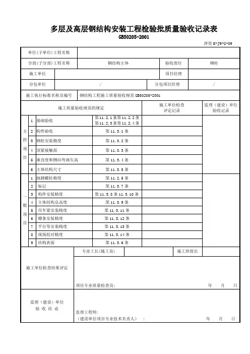 10钢网架安装工程检验批质量验收记录表(津资K-J9-G-10)