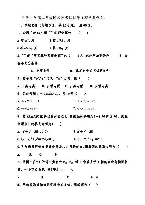 山西省曲沃中学校高二上学期期中考试数学(理)试题(无答案)