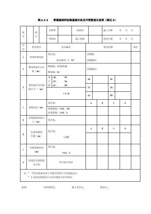 GB50233-2014普通基础和拉线基础分坑及开挖检查记录表(线记2)