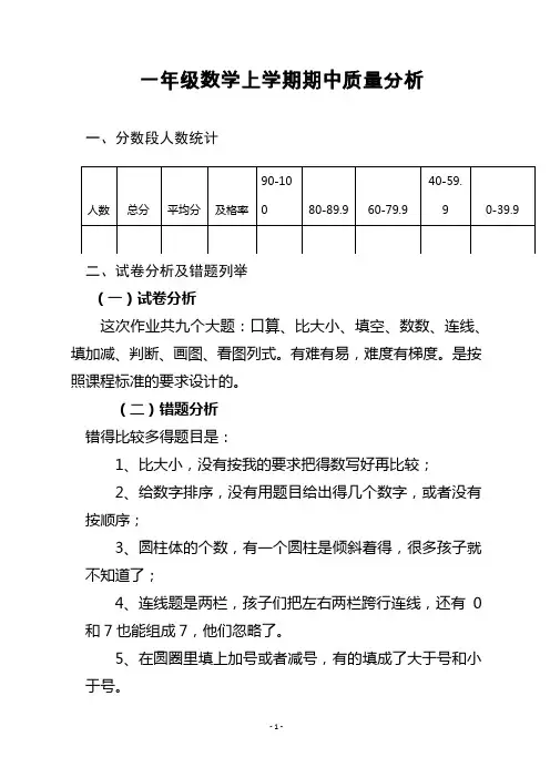 一年级数学上学期期中质量分析