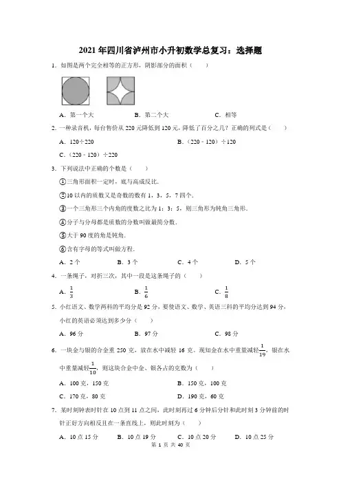2021年四川省泸州市小升初数学总复习：选择题(附答案解析)