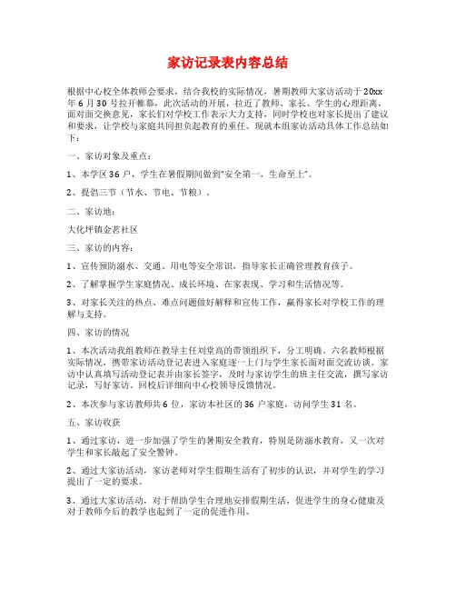 家访记录表内容总结