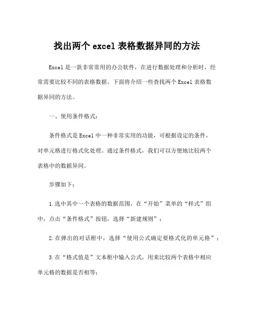 找出两个excel表格数据异同的方法