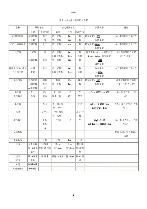 常用纺织专业计量单位与换算