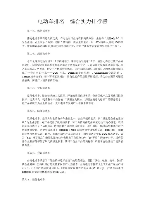 电动车排名  综合实力排行榜