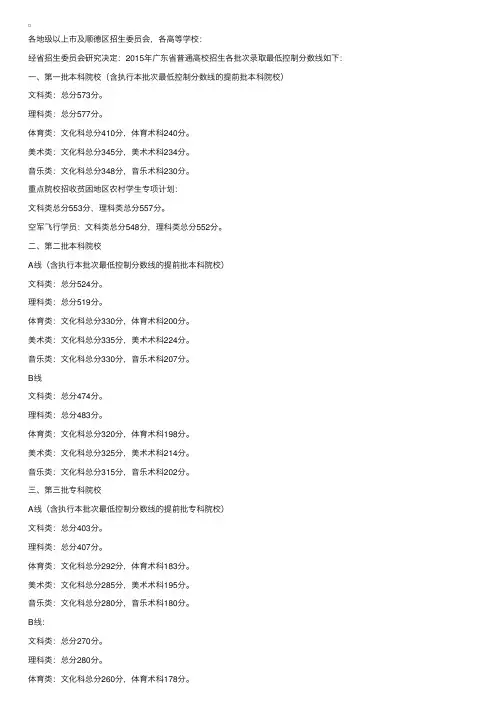 2015年广东高考录取分数线（正式公布）