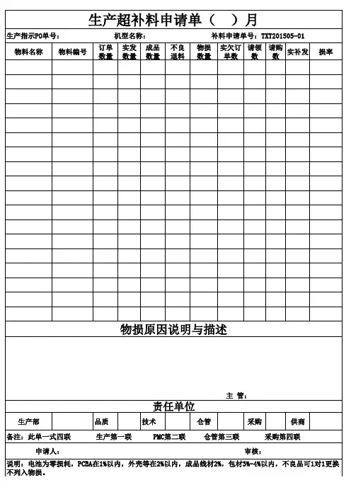 生产物料超补料申请单