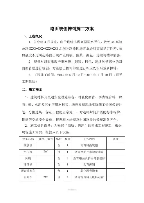 路面铣刨摊铺施工组织设计