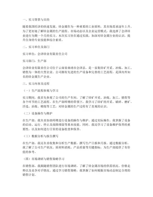 会泽锌实习报告