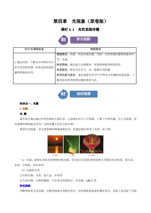 人教版2024-2025学年八年级物理上册同步精品讲义专题4.1光的直线传播(学生版+解析)