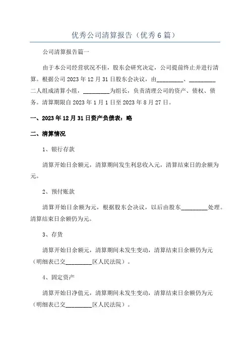 优秀公司清算报告(优秀6篇)