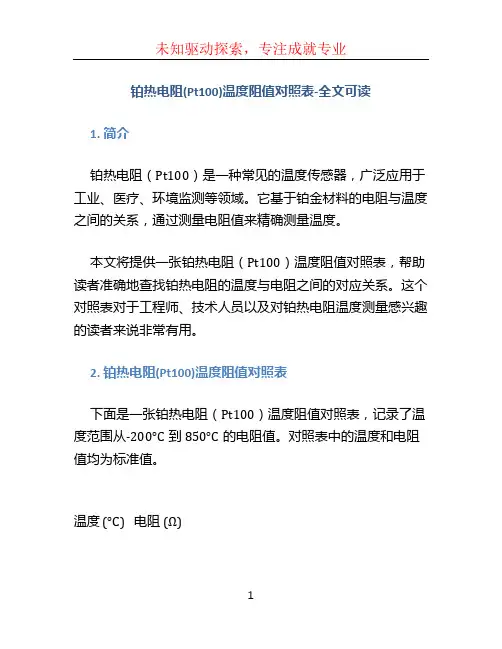 铂热电阻(Pt100)温度阻值对照表-全文可读