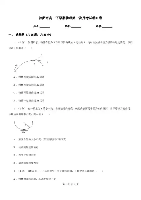 拉萨市高一下学期物理第一次月考试卷C卷