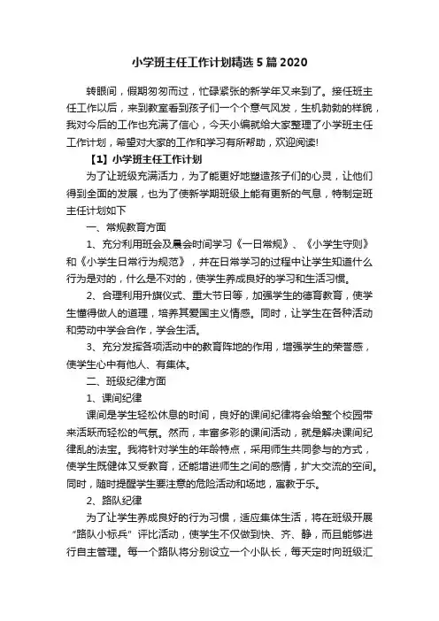 小学班主任工作计划精选5篇2020